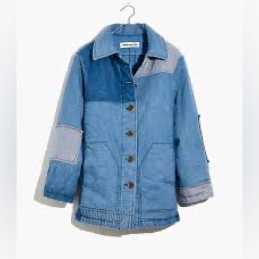 Caron Callahan Denim Paddington Jacket Size M Denim Patchwork Quilted Barn Coat